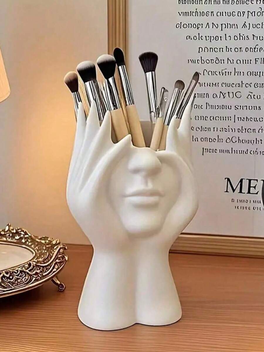 1 pezzo Organizer multifunzione per scrivania - Design di scultura artistica estetica con base antiscivolo, 3 in 1 per penne/pennelli trucco/gioielli + mini vaso per fiori (freschi/secchi), essenziale per ufficio domestico/camera da letto, riempimento calza di Natale 2025 e regalo natalizio per amanti della decorazione