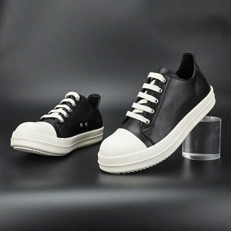 Men's Thin Shoelaces, Round Toe Casual Shoes, Niche Retro Thick Soled Sports Shoes - 黑色 - 查看 1