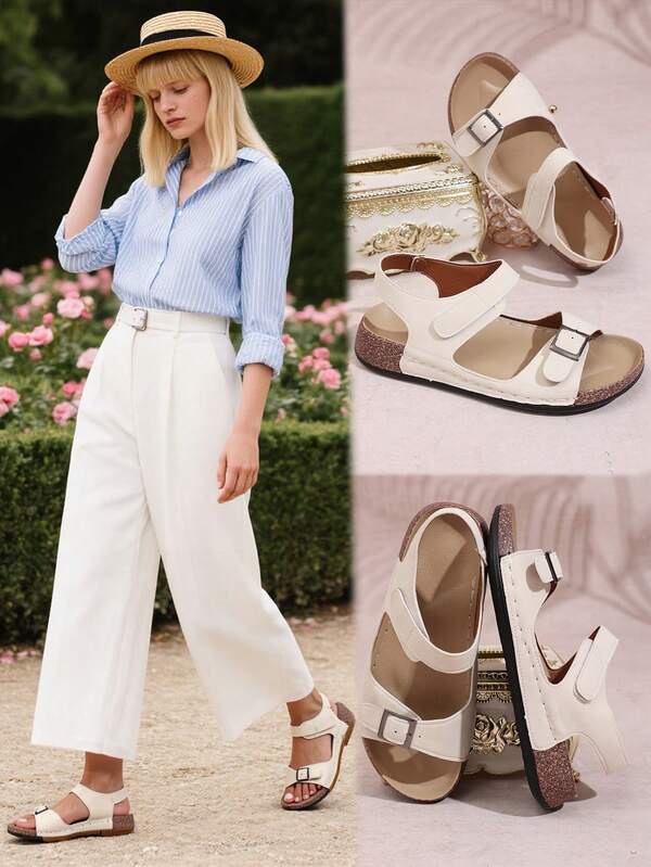 Women's White Open - Toe Sandals With Adjustable Straps, Flat Heel, Faux Leather, Summer Casual Daily & Vacation Wear