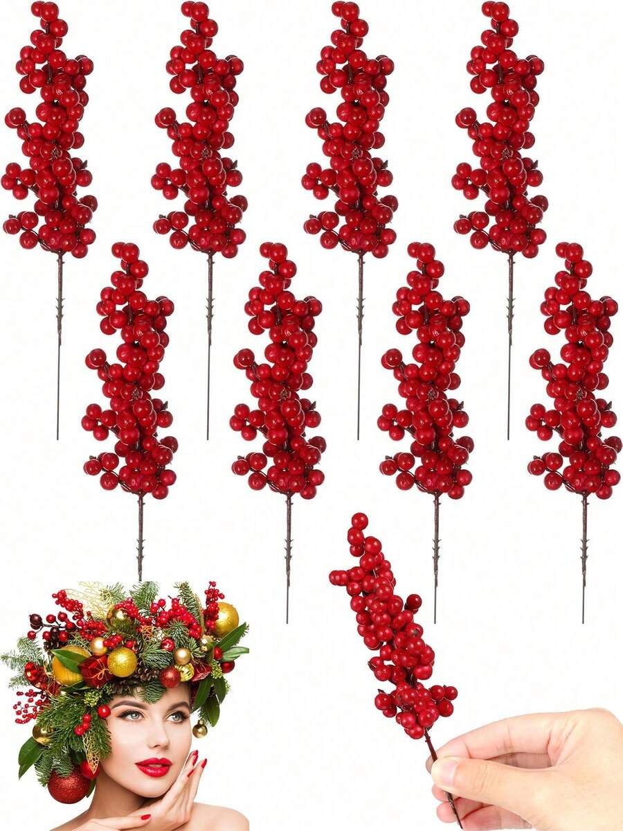 8pcs Christmas Artificial Red Berry Decorations, Red Fruit DIY, Artificial Red Berry Stems Christmas Fake Plants Berry Pine Branches DIY Christmas Decorations Christmas Tree Decorations Red Fruit Christmas Tree Home Decor Room Decor Winter