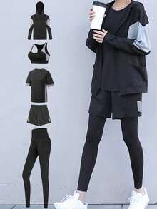 Set sport 5 piese pentru femei: tricou lejer cu imprimeu de liliac + tricou sport lejer + sutien sport + pantaloni de exterior + pantaloni scurți lejeri, ținută de sală