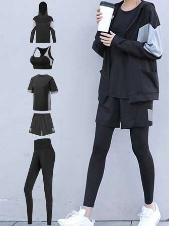 Conjunto de 5 piezas de ropa deportiva para mujer: Camiseta holgada de murciélago + Camiseta deportiva holgada + Sujetador deportivo + Pantalones para exteriores + Pantalones cortos holgados, Conjunto de gimnasio