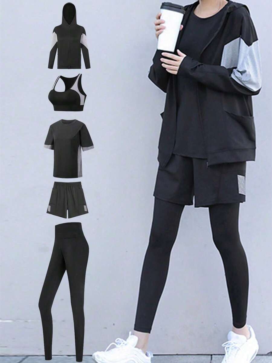 Set sport 5 piese pentru femei: tricou lejer cu imprimeu de liliac + tricou sport lejer + sutien sport + pantaloni de exterior + pantaloni scurți lejeri, ținută de sală