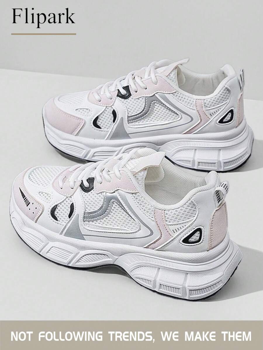 Flipark 1 Paar atmungsaktive, sportliche Sneaker mit dicker Sohle, Patchwork in Weiß, Grau und Schwarz, Mesh-Material