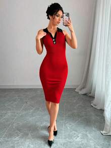 Vestido elegante, casual y ajustado para mujer, sin mangas, silueta ajustada, cuello en "V" con dos botones de piedra artificial, elegantes y decorativos. Tela tipo canalé de poliéster y elastano, apto para temporadas de verano y primavera. Muy cómodo, ligero y agradable con tu piel, ideal para tus ocasiones especiales. Diseño corto. - Rojo - Ver 1