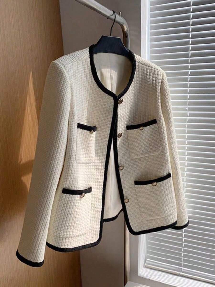 Women's Classic Regular Jacket, Tweed Fabric, Long Sleeve V-Neck Design, With Pockets And Black Trim Details, Non-Stretch