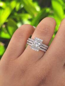 Bộ trang sức bạc S925 đính đá Zirconia sang trọng gồm 3 món, thiết kế độc đáo dành cho nữ, phù hợp cho các bữa tiệc cổ điển, dạ hội, kỷ niệm, một món quà trang sức ý nghĩa dành tặng bạn gái. - Nhẫn kim cương Baguette ba chiếc - Xem 3