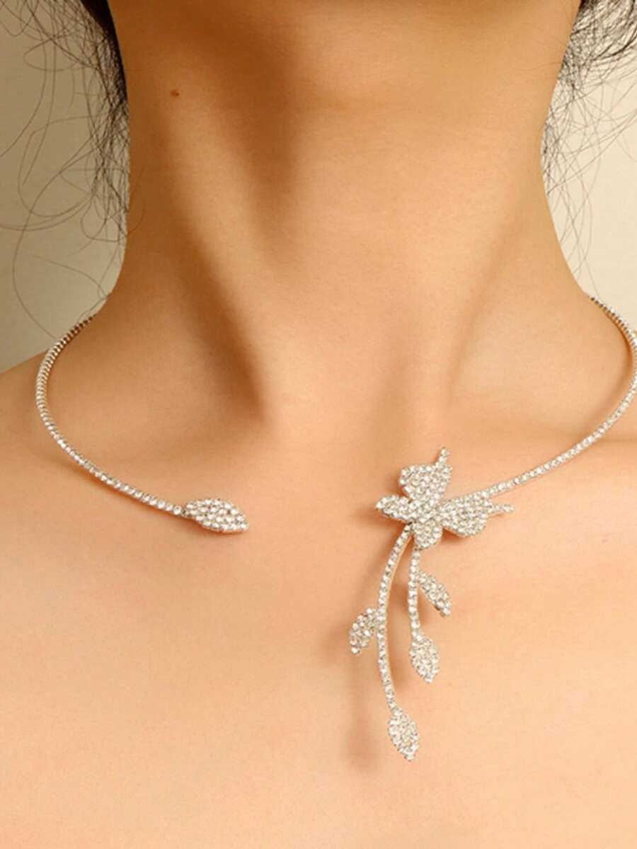 1 件可调节锆石花朵颈链配饰女士 - XL2763銀色 - 查看 1