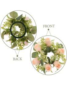 1pc Fake Flower Plant Leaves Candle Artificial Silk Rose Flower Wreath Candle Holder Plastic Small Buoy Farmhouse Wreath For Wedding Arrangement Bridal Bouquet Dining Table Core Garden Yard Birthday Shower Decoration Aesthetic Room Classroom Balcony Christmas Holiday Gift Decoration