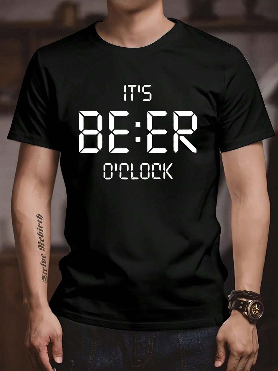 Beer Oclock Drinking Graphic Tee , Men's 220gsm New Summer Casual Crew Neck Pure Cotton Short-Sleeved T-Shirt(1 PC) - Black - View 1