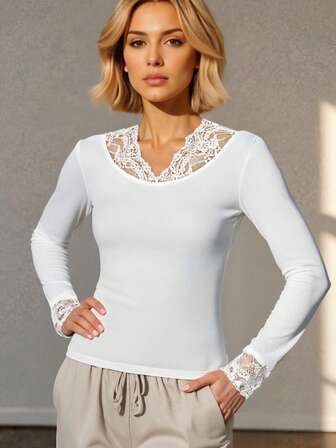 Ny höst/vinter V-ringad spets- och lapptäckeblus med lång ärm, smal passform och enfärgad