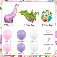 Set de 110 piezas de guirnalda de arco con globos de tema de dinosaurios rosados, que incluye globos de látex rosados, verdes, morados y globos de aluminio con formas de dinosaurios de cuello largo rosados, dinosaurios con cuernos y pterosaurios, perfecto para decoraciones de fiesta de cumpleaños, fondo decorativo, reuniones familiares y suministros de fiesta con tema de dinosaurios de dibujos animados - Multicolor - Ver 8