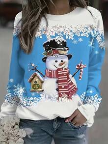 بلوزة رياضية بياقة طاقم وأكمام طويلة مطبوعة بتصميم رجل الثلج للمرأة ذات المقاسات الكبيرة، وصول جديد لعيد الميلاد