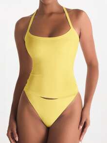 XLLAIS 女士简约纯色交叉露背弹力健身吊带背心，休闲夏季款 - 黃色 - 查看 2