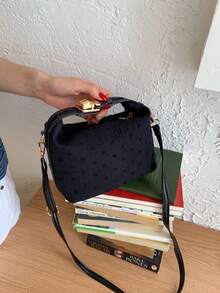 1pc Solid Color Denim Print Box-Shaped Bag With Adjustable Shoulder Strap And Buckle Closure, Fashionable Handbag For Women, Suitable For Daily Use, University, Work, Dating, Shopping - Black - View 2