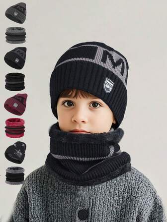 Children's Thickened Warm Knitted Hat Set With Scarf For Children With Outdoor Activities, Suitable For Boys Aged 4-8 Years Old