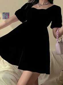 Cuello cuadrado francés Tie Vestido sin espalda de las mujeres Sense Slim A-Line falda media larga Vestidos cortos de mujer - Negro - Ver 4