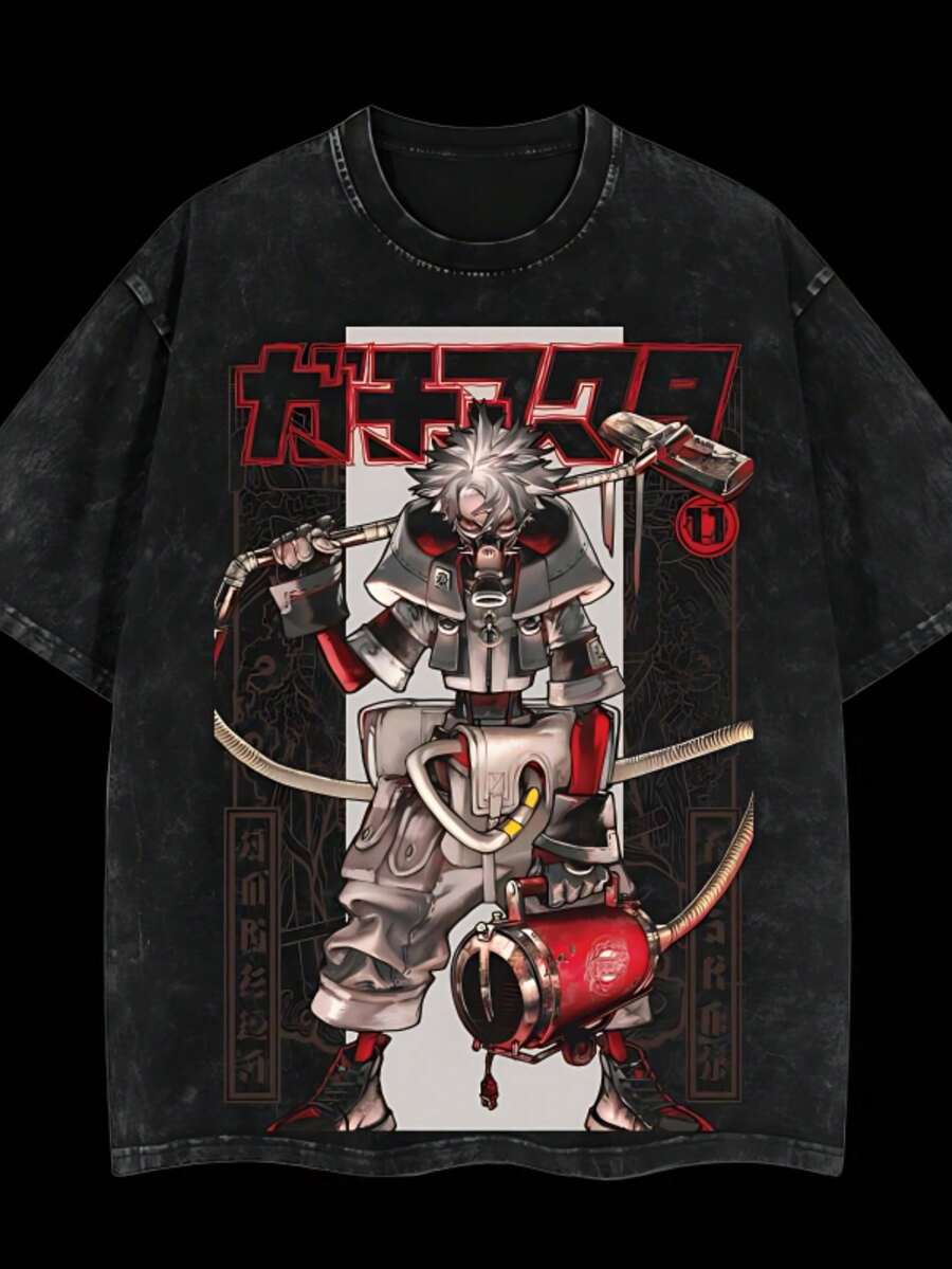 Washed Cotton Men's T-Shirt - Gachiakuta "Ludo Battle Mode" Retro Anime Comic Acid-Washed Heavy Cotton Short-Sleeved, Graphic T-Shirt, Anime Fan Gift, Men's Clothing, Street Style Tops,  Wear, Local Warehouse - 黑色 - 查看 1