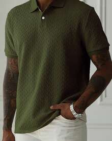Men's Simple Basic Polo Shirt, Lapel, Solid Color, Textured Fabric, Suitable For Daily Casual Wear On Business Trips - 軍綠色 - 查看 2
