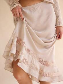 Women's Black Midi Skirt With Lace Ruffle Hem High - Waist Asymmetrical Long Skirt - trắng - Xem 2