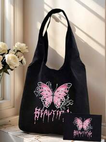 Bolso de mano con estampado de mariposas rosa estilo Y2K, equipado con bolsa de maquillaje con cremallera, bolso de lona negra para el hombro, bolso de compras casual, bolso de hombro de gran capacidad, adecuado para el trabajo, multifuncional, de múltiples propósitos, de gran capacidad, ligero, práctico, para aniversario, Navidad, vacaciones, adecuado para exteriores, ir y venir, viajes, escuela, deportes, compras, uso diario