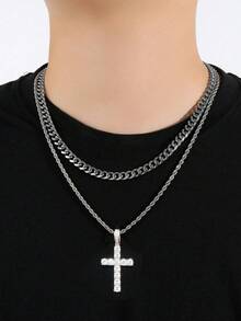 2pcs Set Of Men's Rhinestone-Decorated Cuban Twist Chain Necklace With Cross Pendant, Fashionable And Versatile Accessory For Men And Women, Perfect For Holiday Gifts