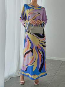 1 chiếc áo choàng nữ in hoa màu tím cổ tròn tay loe, kiểu dáng Abaya thanh lịch kiểu Ả Rập cho các dịp trang trọng, váy dự tiệc sang trọng mùa xuân. - Màu tím - Xem 5
