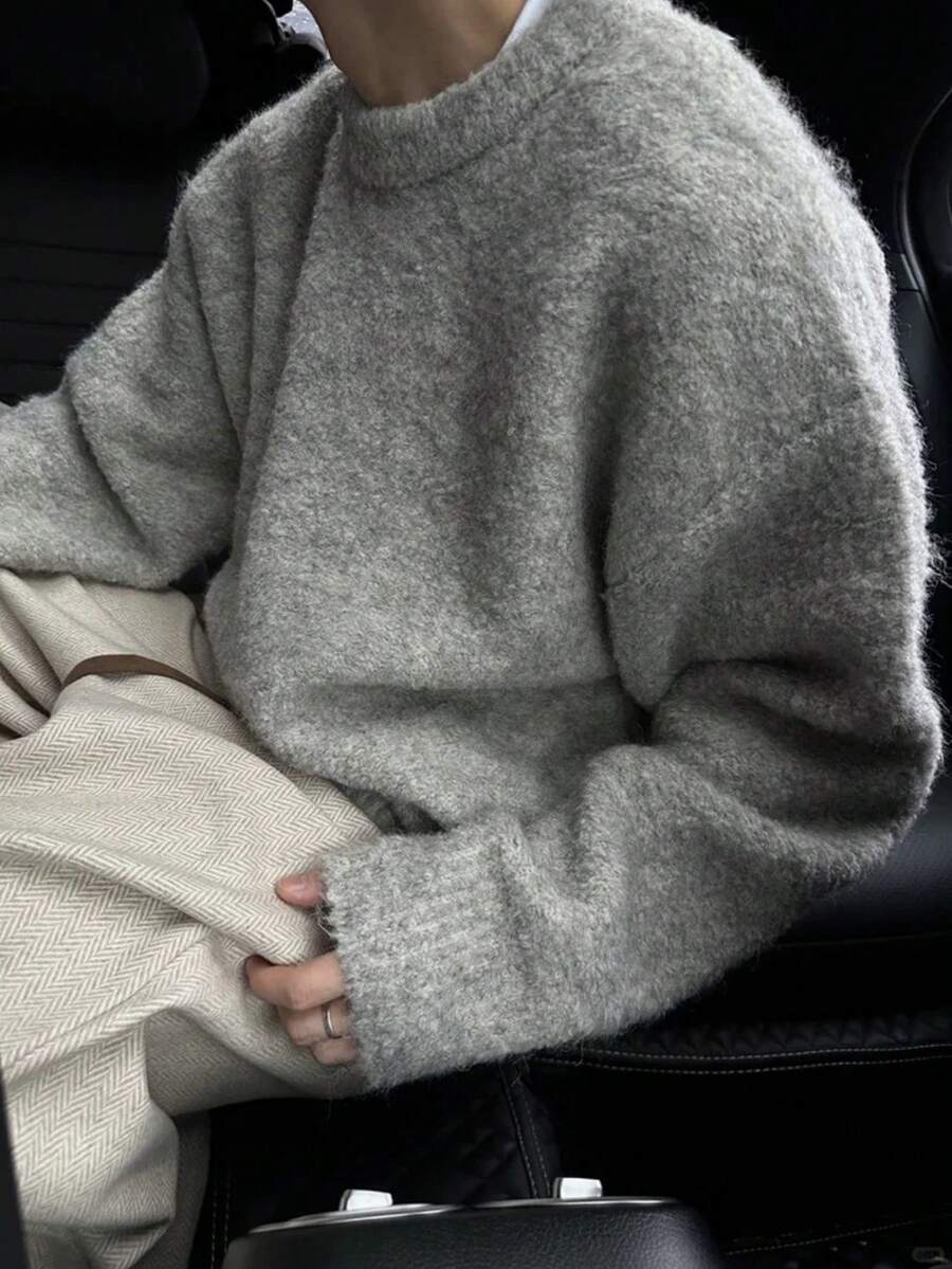 Vintage Elegant Men's Solid Color Round Neck Drop Shoulder Long Sleeve Loose Fit Sweater - Grey - View 1