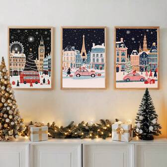 3 PIEZAS, Impresiones planas 2D de arte de pueblo navideño, Pósteres de arte de paisajes urbanos navideños de Londres, Impresión de arte de escena nocturna navideña, Decoración de pared de estilo retro, Decoración del hogar Cuadros colgantes, Decoración de habitación