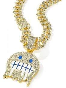 Men's Shiny Cuban Chain Necklace, Miami Style Silver Plated Gold Plated Shiny Necklace, Hop Necklace - 藍色-微笑金色 - 查看 2