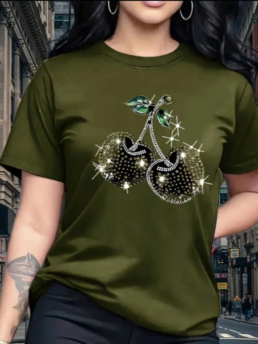 Camiseta gráfica de cereza  para mujer solo estampado Camiseta casual de manga corta con cuello redondo, cerezas brillantes y hojas verdes, poliéster ligero para primavera y verano, camiseta de cereza - Verde Oliva - Ver 1