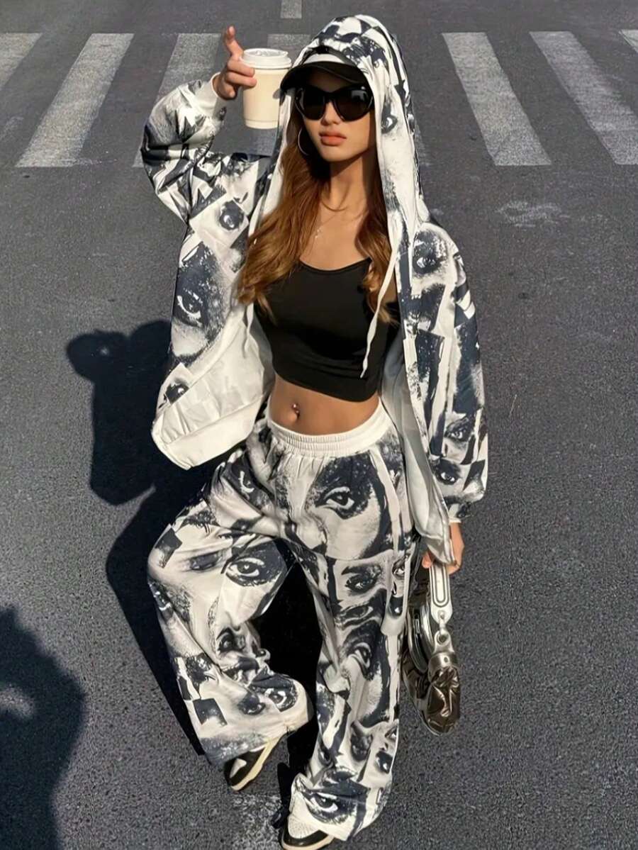 女士套装、女士长裤套装、女士时尚连帽衫套装、印花连帽衫套装、时尚帽子和连帽衫套装 - 彩色 - 查看 1