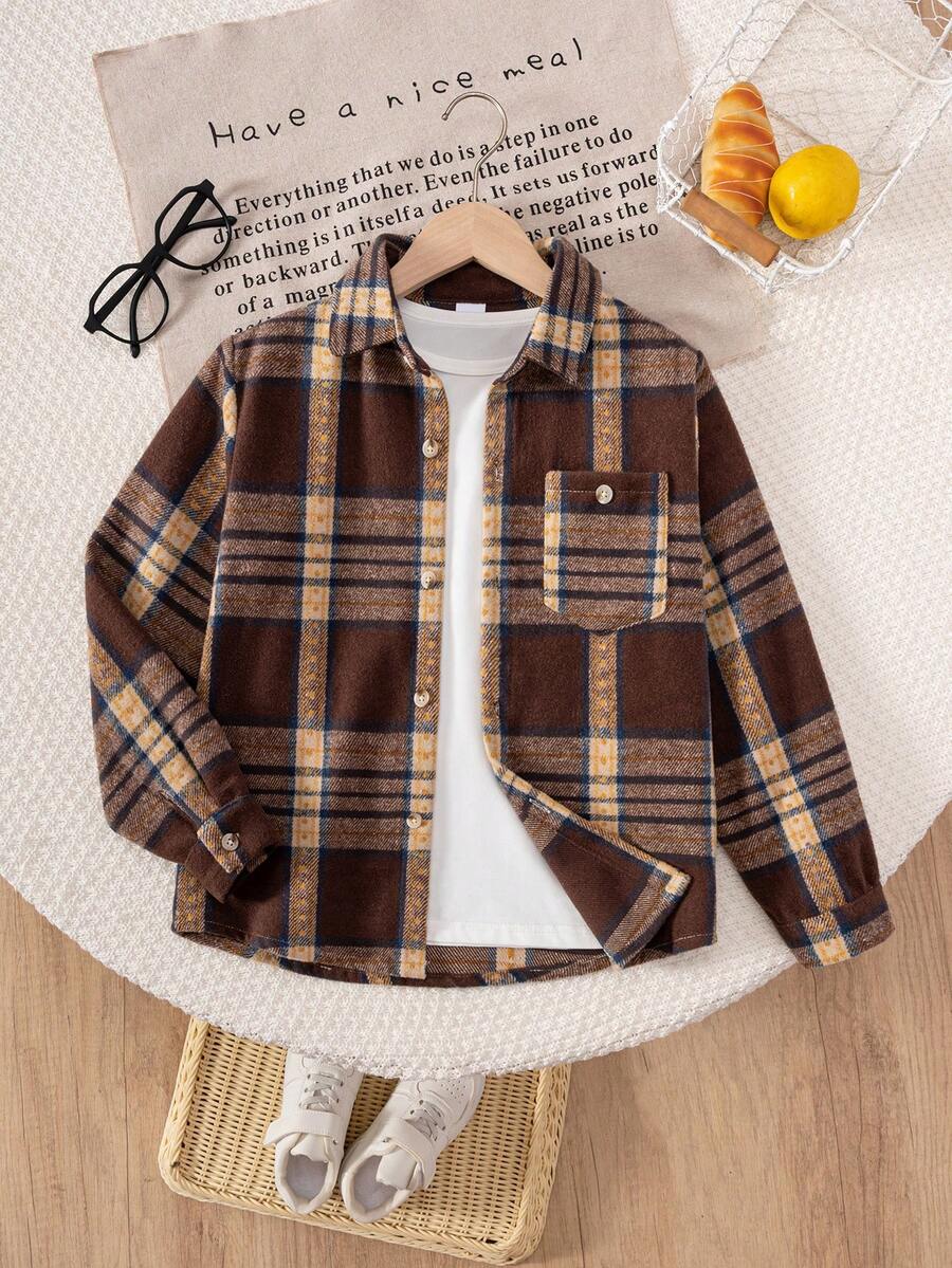 Young Boy Classic Streetwear Brown Plaid Long Sleeve Shacket, Kids/Toddler - Brown - View 1