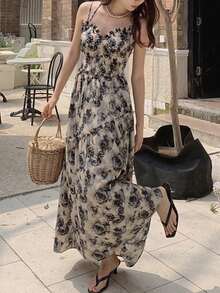 2025 Spring/Summer Versatile Women's Casual Floral Print Tie-Front Dress - Apricot - View 1