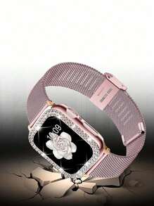 2 件兼容 表带和手表保护壳套装，官方网站原装粉色不锈钢金属 表带和粉色嵌入式珠宝闪亮钻石粉色保险杠 保护壳适用于 Watch Ultra 3/2/1、S10/S9/SE、8/7/6/5/4/3/2/1 系列，年轻、时尚、可爱、优雅、奢华女士可调节防水透气金属网 表带，水晶钻石防震闪亮 保护壳，不锈钢网状表带套装，粉色，38mm 40mm 41mm 42mm 44mm 45mm 46mm 49mm - 粉色 - 查看 5