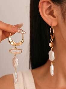 2pcs French Baroque Moon Shaped Irregular Imitation Pearl Pendant Women's Earrings - 金色 - 查看 7