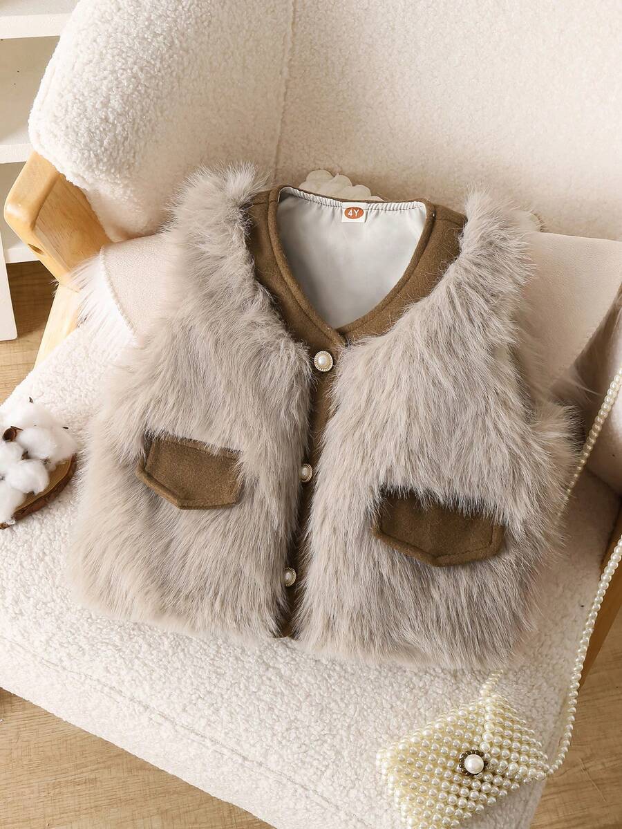 1pc Girls Fashionable Faux Pocket Single-Breasted Vest Thick Fuzzy Cardigan