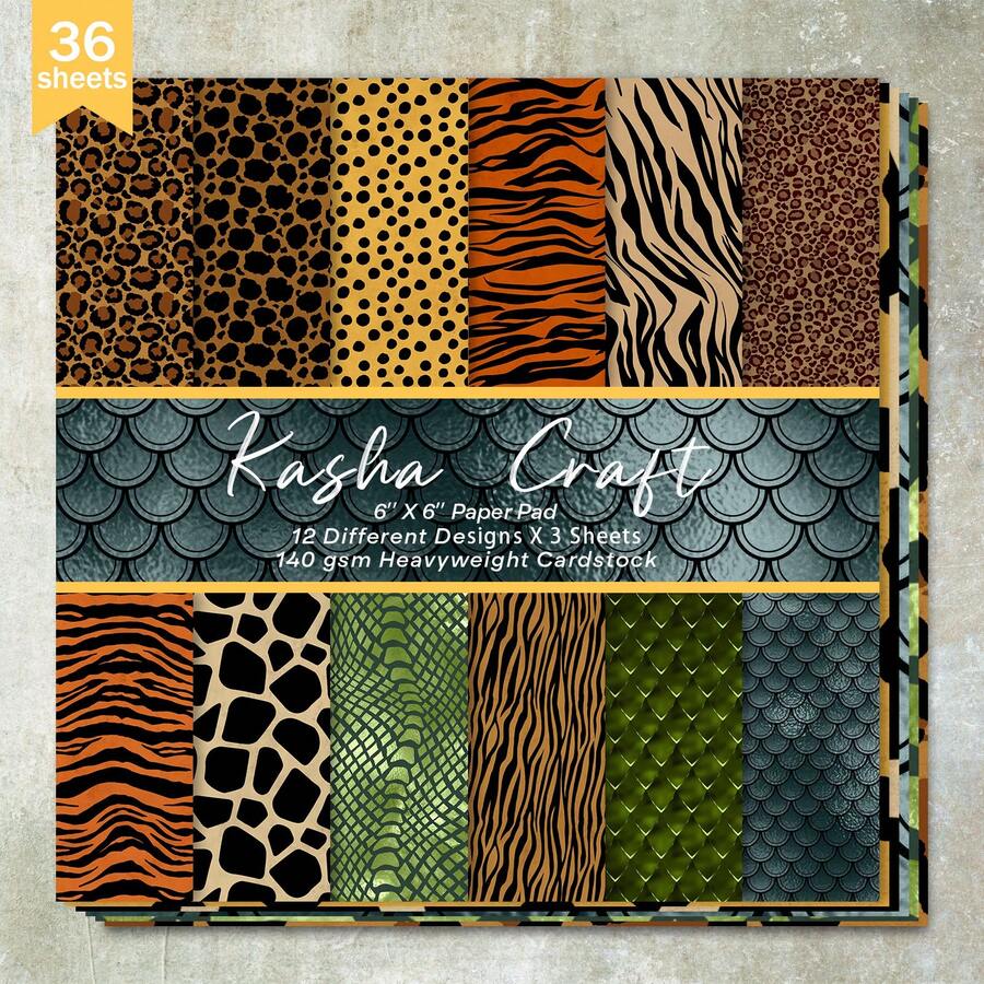 36 Sheets 6inch Leopard Skin, Tiger Stripes, Fish Scale Patterned Scrapbooking Paper, Suitable For Bullet Journals, Collages, Greeting Cards, Scrapbooks And Crafts