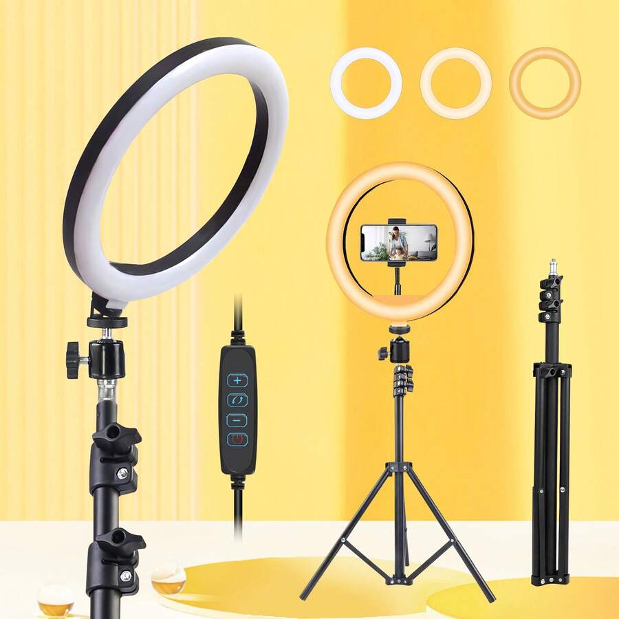 Đèn vòng LED ba màu 12 inch, Đèn nổ đa năng kèm chân máy 110cm, Chân máy có thể điều chỉnh, Chân máy đa năng, Giá đỡ điện thoại - Hoàn hảo cho chụp ảnh, tự sướng, trang điểm, phát trực tiếp và quay video, Đèn di động thích hợp cho chụp ảnh, quay video, phát trực tiếp, họp qua Zoom, quay vlog, có chân đế Đèn tự sướng Đèn vòng điện thoại kèm chân đế - màu đen - Xem 1