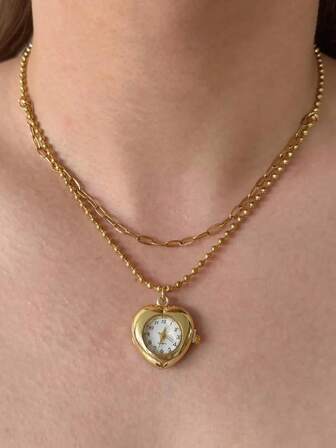 1 st. halsband i vintagestil med guldfärgad klocka, handgjorda klocksmycken, punkhalsband med hjärthänge, lämplig för kvinnors vardag, semester, festkläder, present till nära och kära