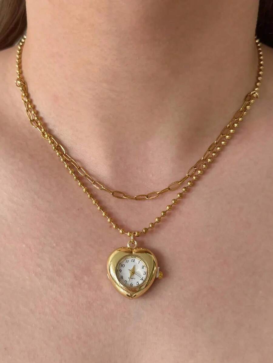 1 件复古风格金表项链，手工钟表首饰，朋克项链配心形吊坠，适合女性日常、度假、派对穿着，送给爱人的礼物 - 金色 - 查看 1
