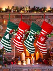 1pc Christmas Stockings Stripe Knitted Christmas Socks Xmas Gift Candy Bag Christmas Tree Fireplace Hanging Sock Winter Holiday Family Party Decorative Stocking Ornaments Home Decor Christmas Decorations Room Decor