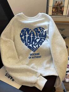 女式休闲宽松图案印花灰色圆领运动衫，秋季 - 灰色 - 查看 5