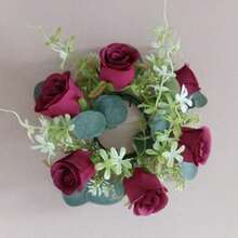 1pc Fake Flower Plant Leaves Candle Artificial Silk Rose Flower Wreath Candle Holder Plastic Small Buoy Farmhouse Wreath For Wedding Arrangement Bridal Bouquet Dining Table Core Garden Yard Birthday Shower Decoration Aesthetic Room Classroom Balcony Christmas Holiday Gift Decoration