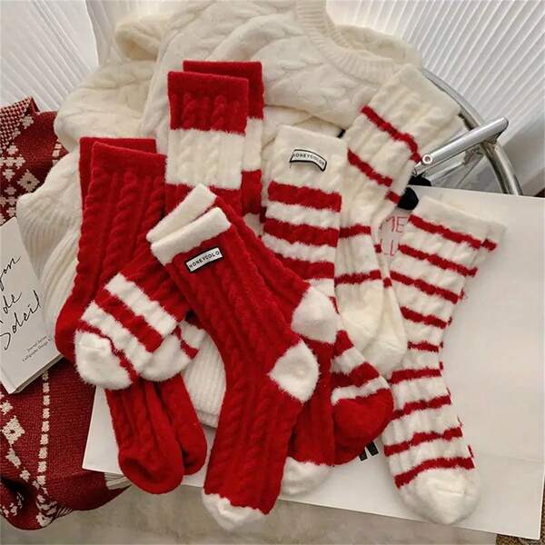 5 par grubych skarpet w paski, damskie skarpetki do połowy łydki, ciepłe i miękkie, zimowe skarpetki z czerwonymi paskami, ciepłe i supermiękkie, losowe kolory świąteczne