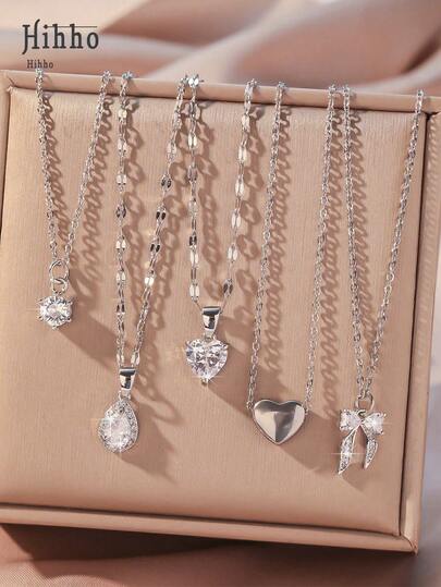 Hihho 5pcs Fashionable Minimalist Sparkling Cubic Zirconia Embedded Heart-Shaped Bow-Knot Water Drop Round Stainless Steel Heart Pendant Necklace Set, Suitable For Matching Festive And Casual Outfits, Jewelry Gift For Women Valentines