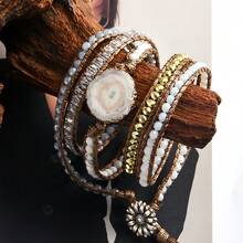 1pc Bohemian Style 5-Strand Natural Stone & Glass Handmade Braided Wrap Bracelet, Asymmetrical Agate Sunflower Connector Bracelet, Women Holiday Gift - BR1076 - View 5