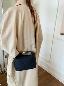 1pc Solid Color Denim Print Box-Shaped Bag With Adjustable Shoulder Strap And Buckle Closure, Fashionable Handbag For Women, Suitable For Daily Use, University, Work, Dating, Shopping - Black - View 4