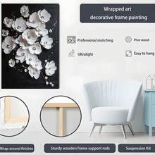 1pc 30x40cm(12x16inch) BlackanWhiteAbstractBloomingFlowerPainting,BlackanWhiteAcrylicPaintingonCanvas,FloralHeavyTetureArt,LivingRoomDecor Framed