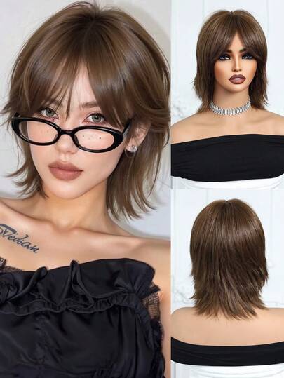 12-Inch Short Mullet Wig With Bangs, Black Short Hair, Suitable For Daily, Party, Cosplay; Brown Layered Long Straight Wig With Bangs; High Density Heat Resistant Synthetic Wig, Suitable For Daily, Party, Natural, Sexy, Minimalist, Casual, Sports, Academic Style, Cosplay, Heat Resistant Wig Or Holiday Party Wear; Halloween, Christmas Gift; Gift For Girlfriend